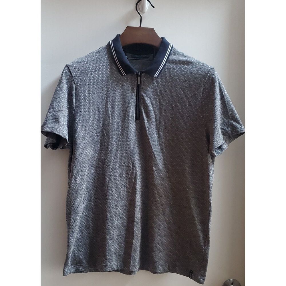 Perry Ellis Men's LG Polo Shirt Black/ White Dobby Pattern Metal Zip Pull